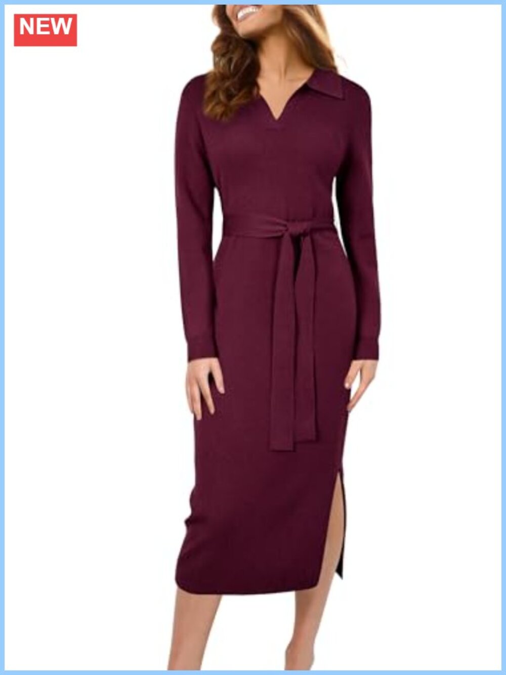 Wool Blend Collared V-Neck Midi Sweater Dress Long Sleeve Belted Work